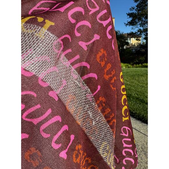MSRP $330✨ Gucci Metallic Logo Scarf Wrap – 70” x 20” | Brown Pink Chartreuse ✨ - Picture 6 of 10